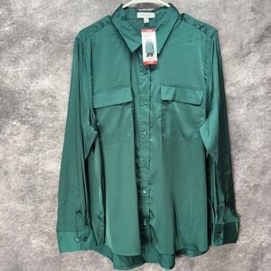 Equipment Satin Button Up Shirt Womens XL Spruce Green Silky Long Sleeve Holiday